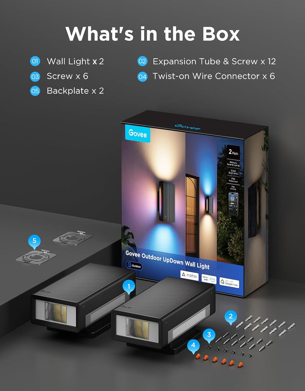 Govee Outdoor UpDown Wall Light, 2 Pack, 1200LM RGBICWW Smart Porch Lights