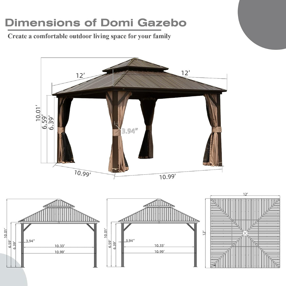 Domi 12x12 Outdoor Hardtop Gazebo, Metal Gazebo for Patios, Brown