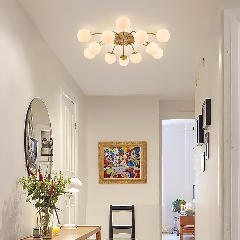 12-Light Large Bubble Ceiling Light with Milk Glass Globe Lampshade, Gold