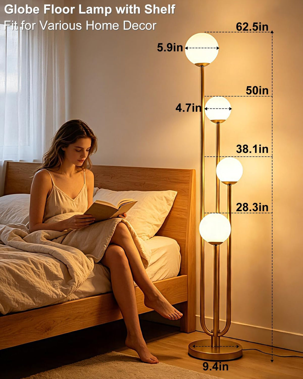 Lightdot Gold Globe Floor Lamp 4-Lights Dimmable Floor Lamps 3000K Bulbs Incl...