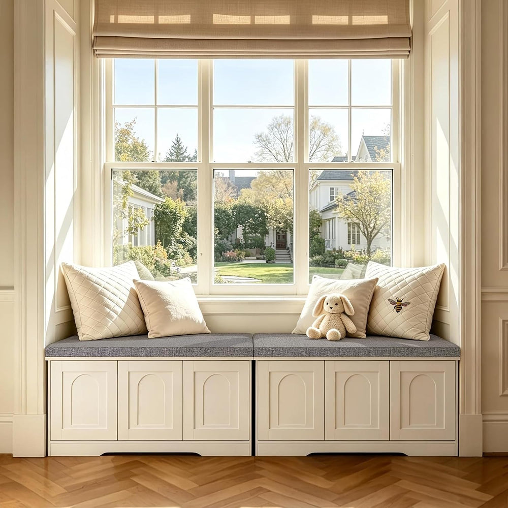 DINZI LVJ Shoe Storage Bench with Cushion, Door, White 39.4" LX17.7 H