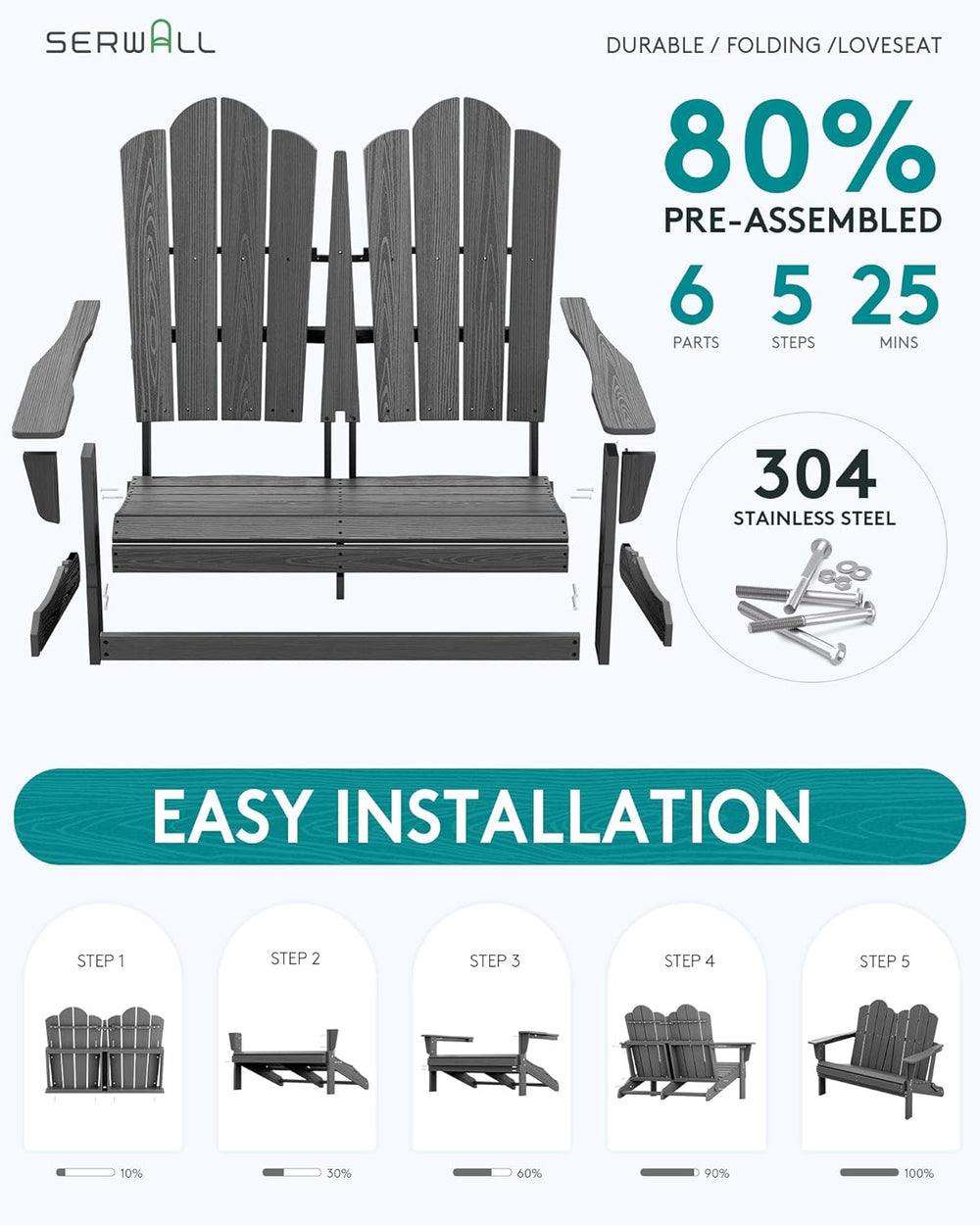 SERWALL Folding Adirondack Bench, HDPE All-Weather, 660lbs Cap, Grey