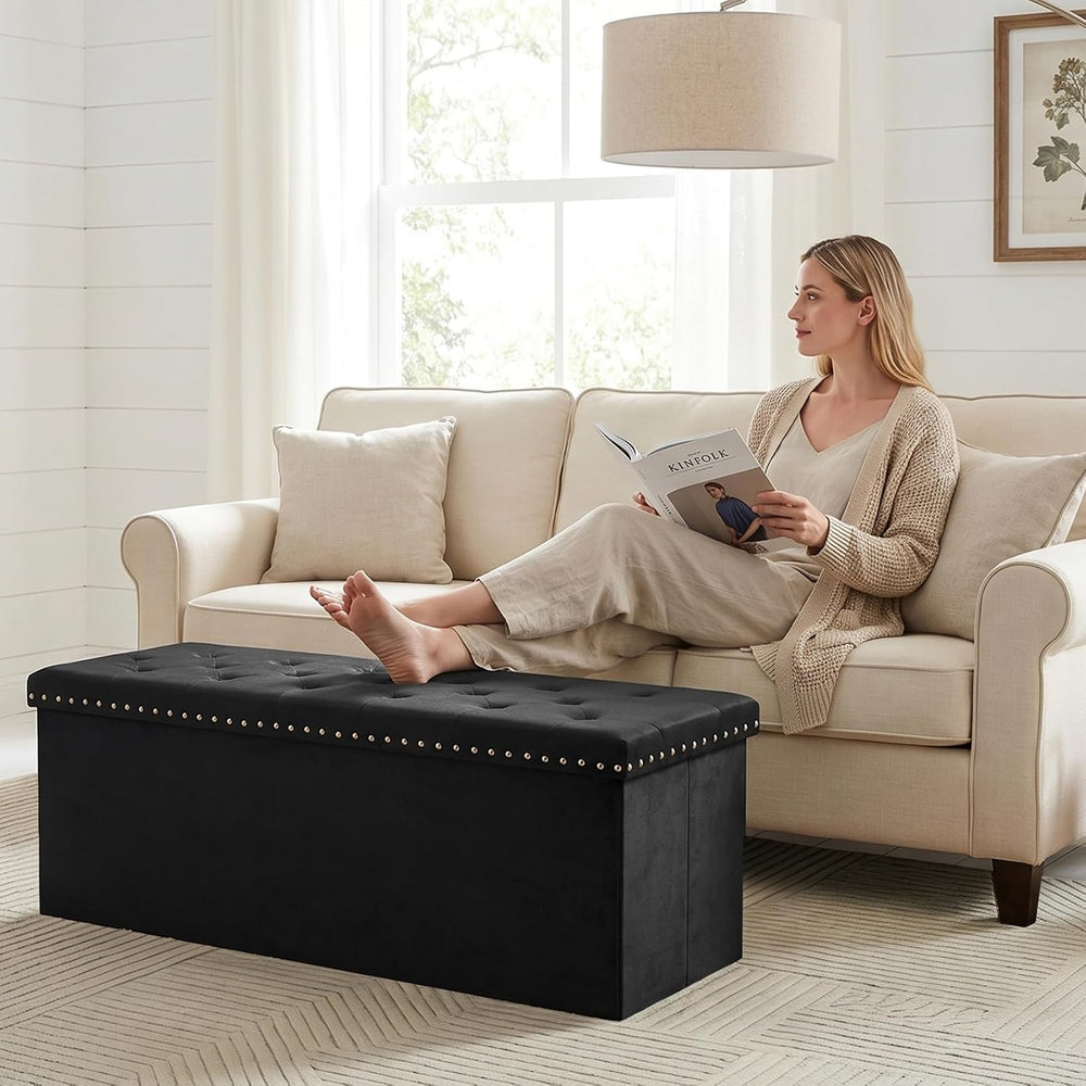 PINPLUS Folding Storage Ottoman Bench, Black Velvet