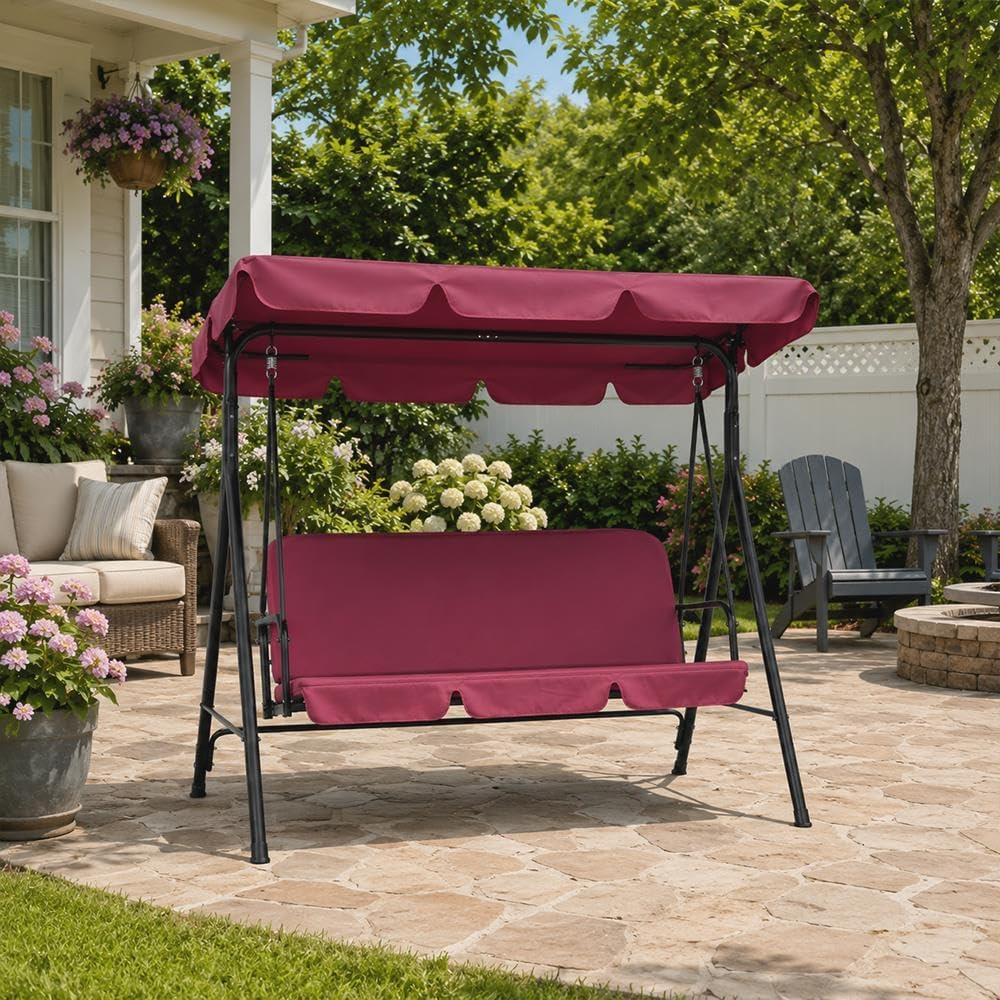 yaheetech 3-seat patio swing chair, adjustable canopy & shown in use