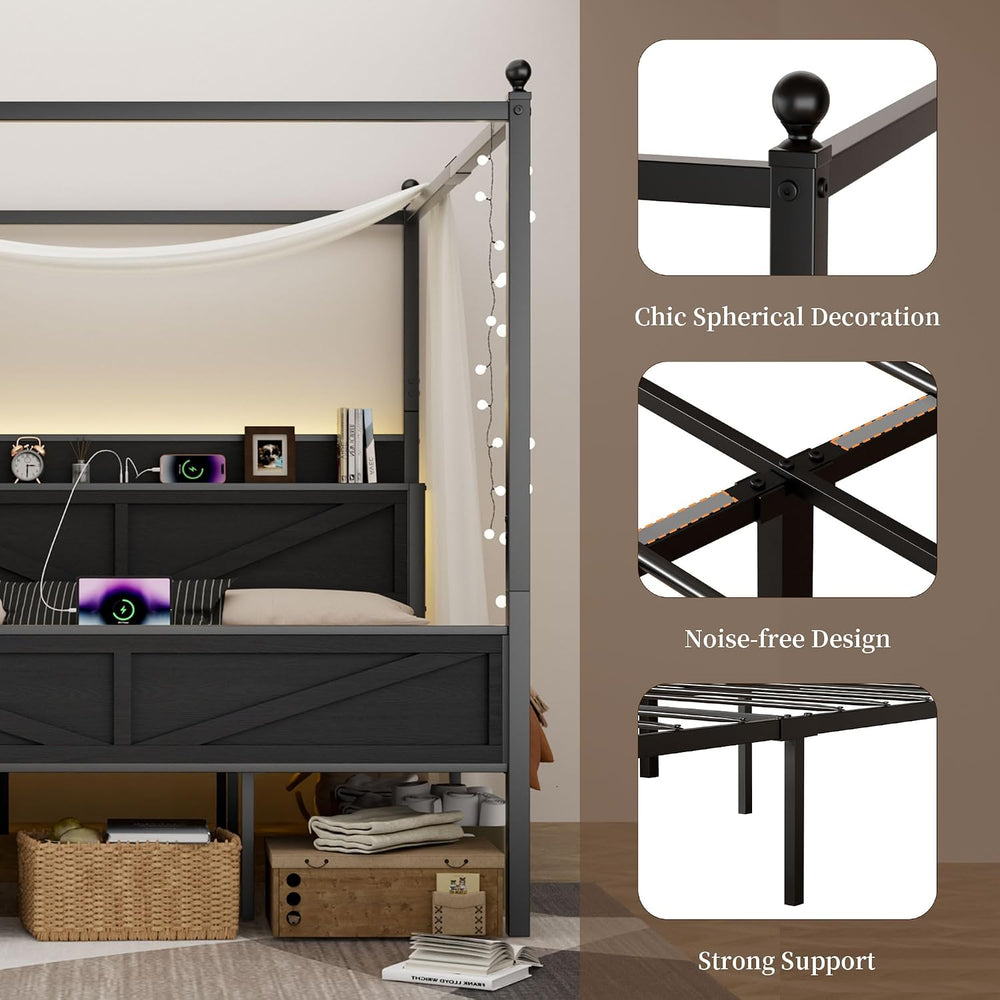 Canopy Bed Frame King Size with Barn Storage Headboard, Black‌