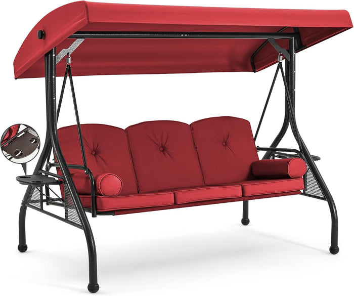 HOMREST 3 Seat Porch Swing with Adjustable Canopy, Patio Swing with Stand