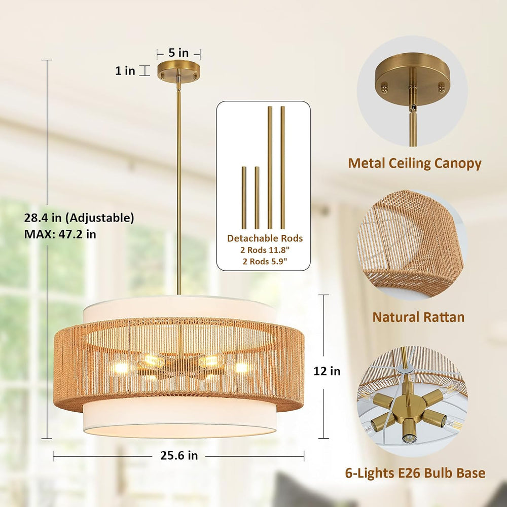 25.6" Rattan Chandelier for Dining Room, 6-Light Boho Pendant Light