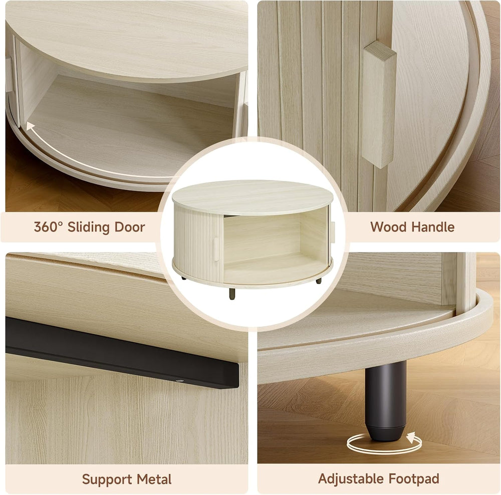ONBRILL 31.5" Round Coffee Table w/Storage Adjustable Footpad Natural White