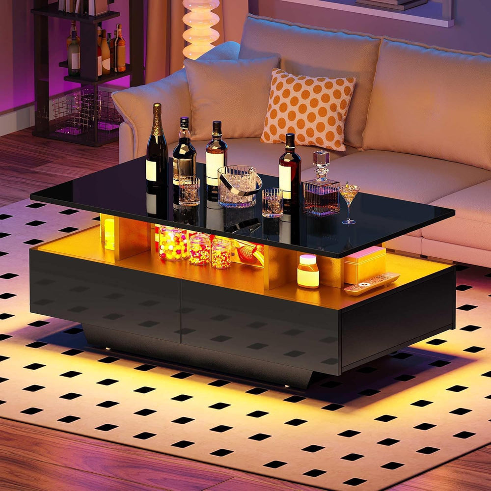 DWVO LED Coffee Table with Storage 4 Drawers, Modern High Glossy Coffee Table...