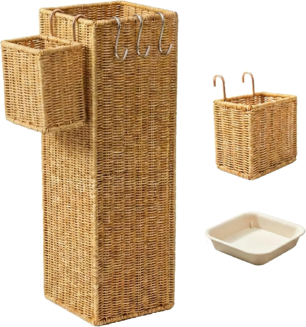 Wicker Umbrella Stand for Entryway, Tall Rattan Holder with Tray
