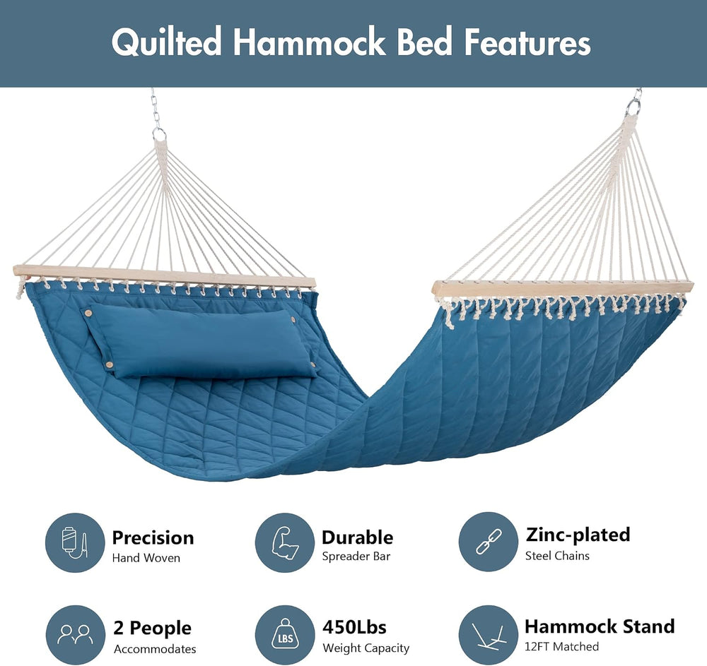 ANOW Two Person Hammock with Spreader Bars and Detachable Pillow, Blue