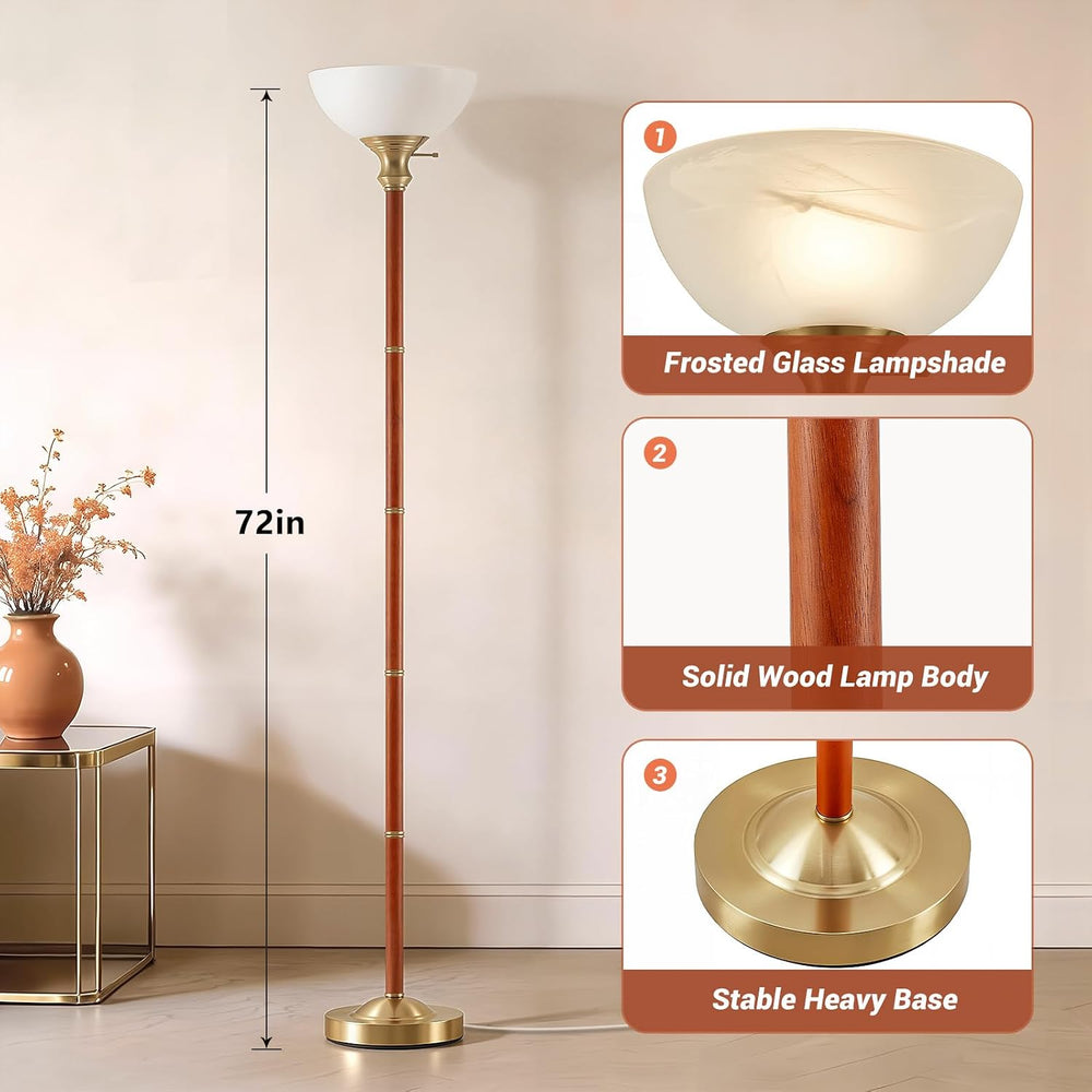 EJIAXIN 72" Wood Torchiere Floor Lamp with Glass Shade Gold Standing Lamp