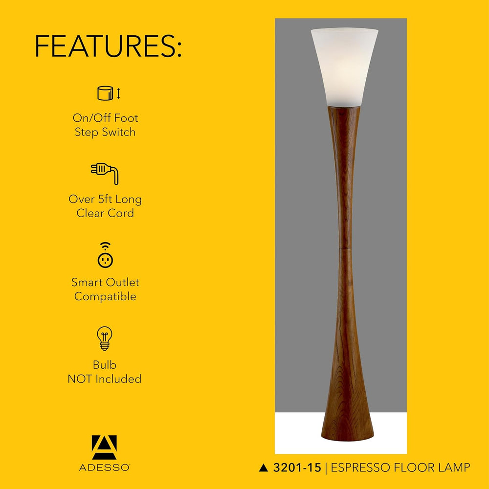 Adesso Floor Lamp, Bronze & Walnut Poplar Wood, Modern Design, 68”