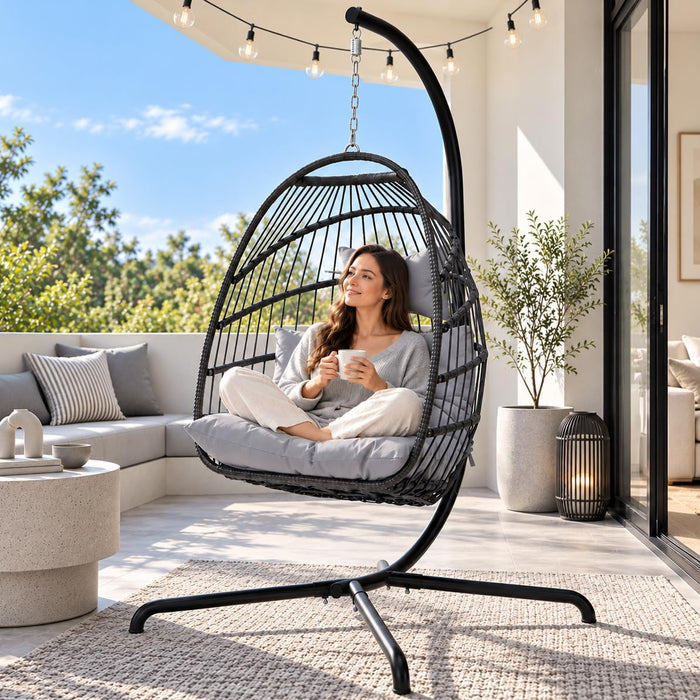 NICESOUL Swing Egg Chair Outdoor Indoor, Patio Wicker Hanging Egg Chairs with Stand, Swinging Hammock with Padded Cushions, 350lbs Sturdy Egg-Shaped Seating for Porch Bedroom Balcony Xmas Gift, Grey