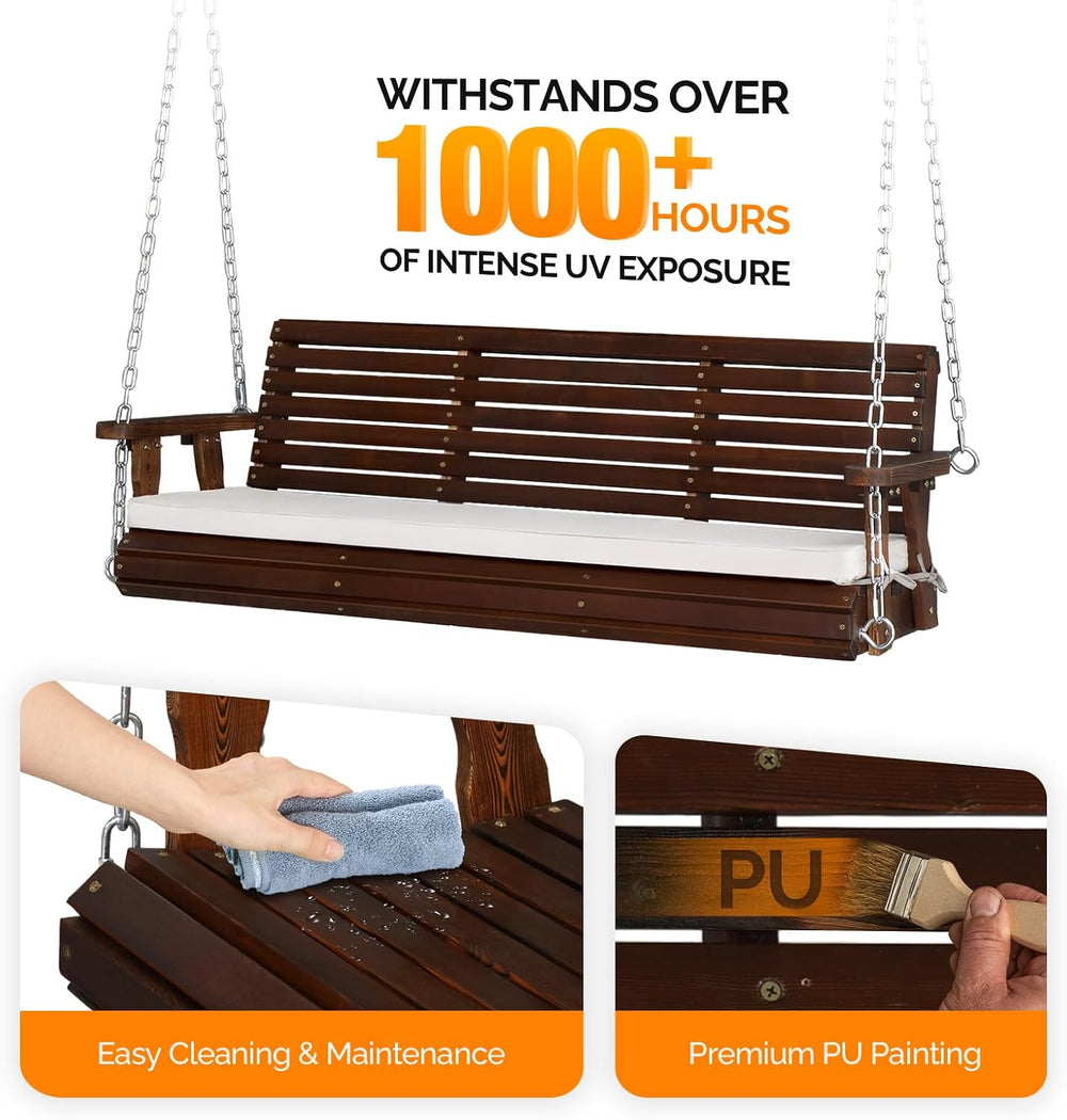 VINGLI 5 FT Heavy Duty Porch Swing with Cushion, 880 LBS Wooden, Rustic