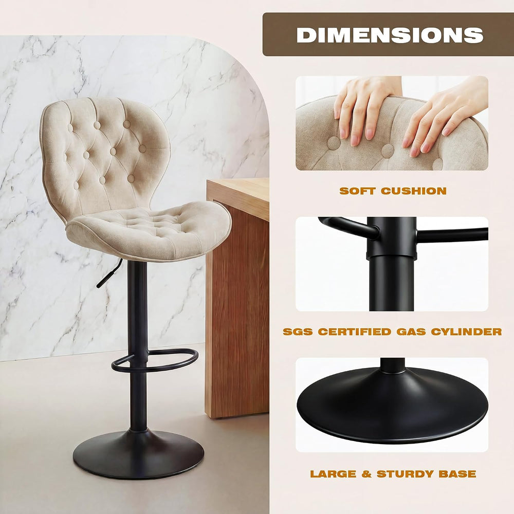 GRUSIGN Bar Stools Set of 2, Modern Swivel Adjustable Bar Chairs, Chenille Fa...