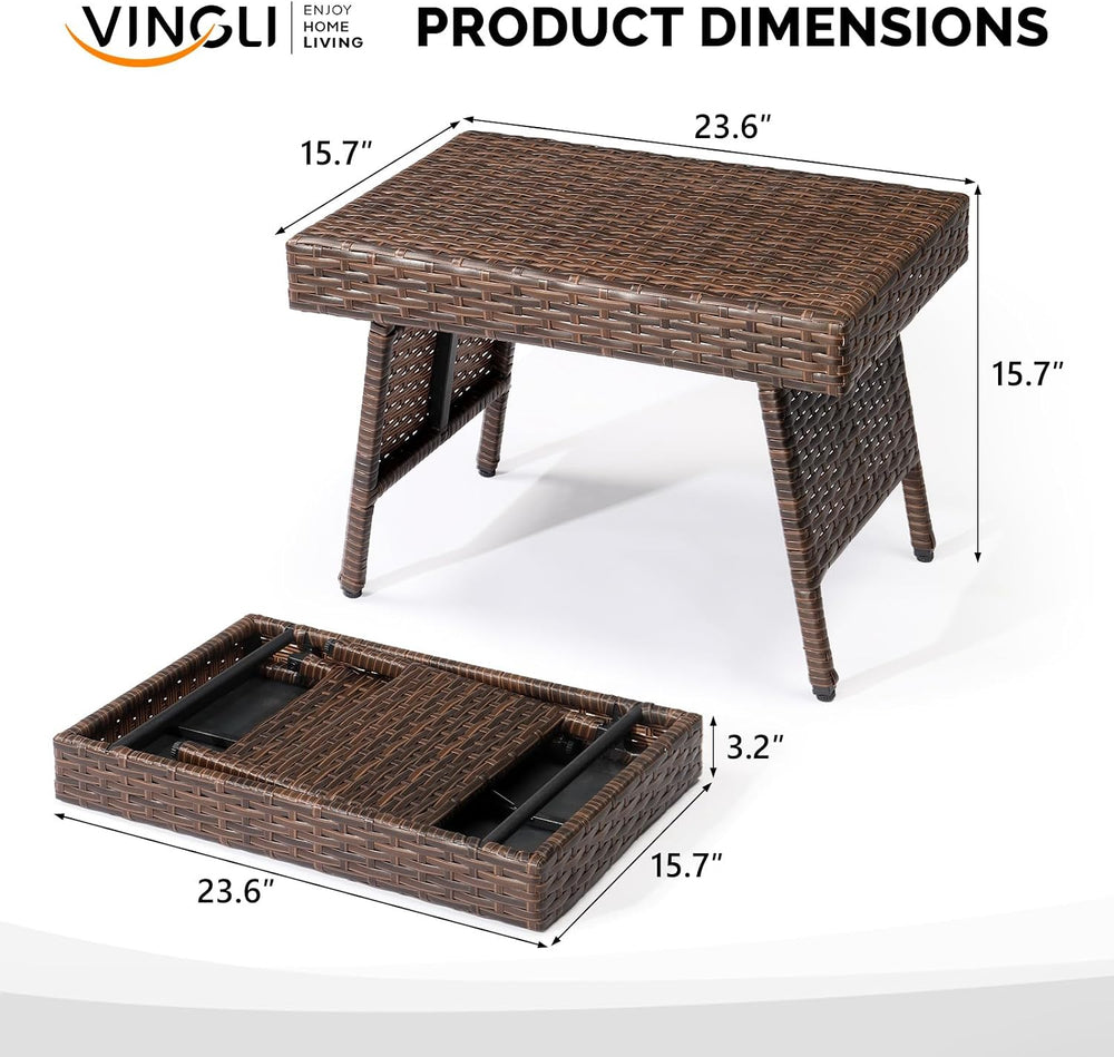 VINGLI Outdoor Folding Rattan Side Table, Portable Wicker End Table for Patio...