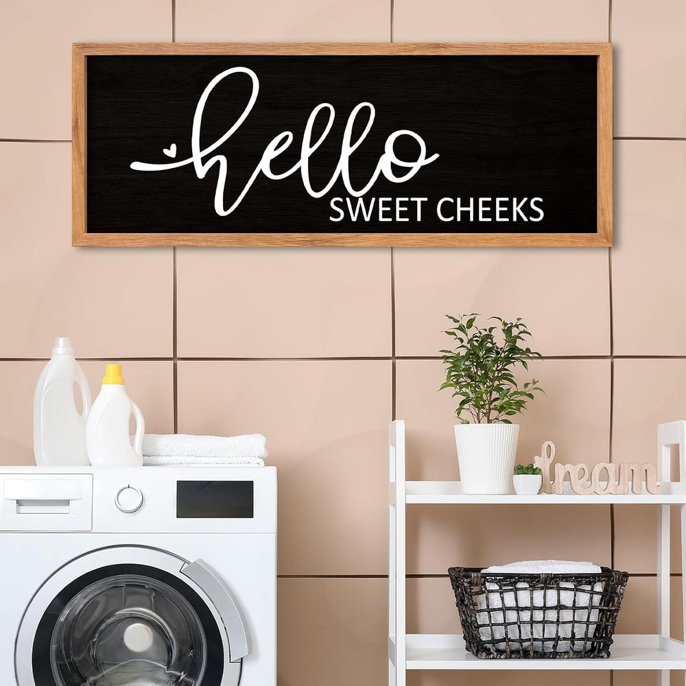 AuraPeak Hello Sweet Cheeks Bathroom Wall Decor, Wood Black, 40"×15"