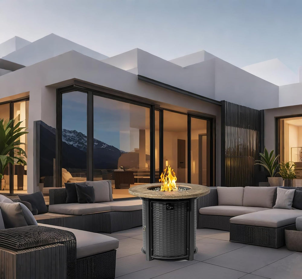 30'' Concrete Round Gas Fire Pit, 50,000 BTU Steel Outdoor Fire Table...