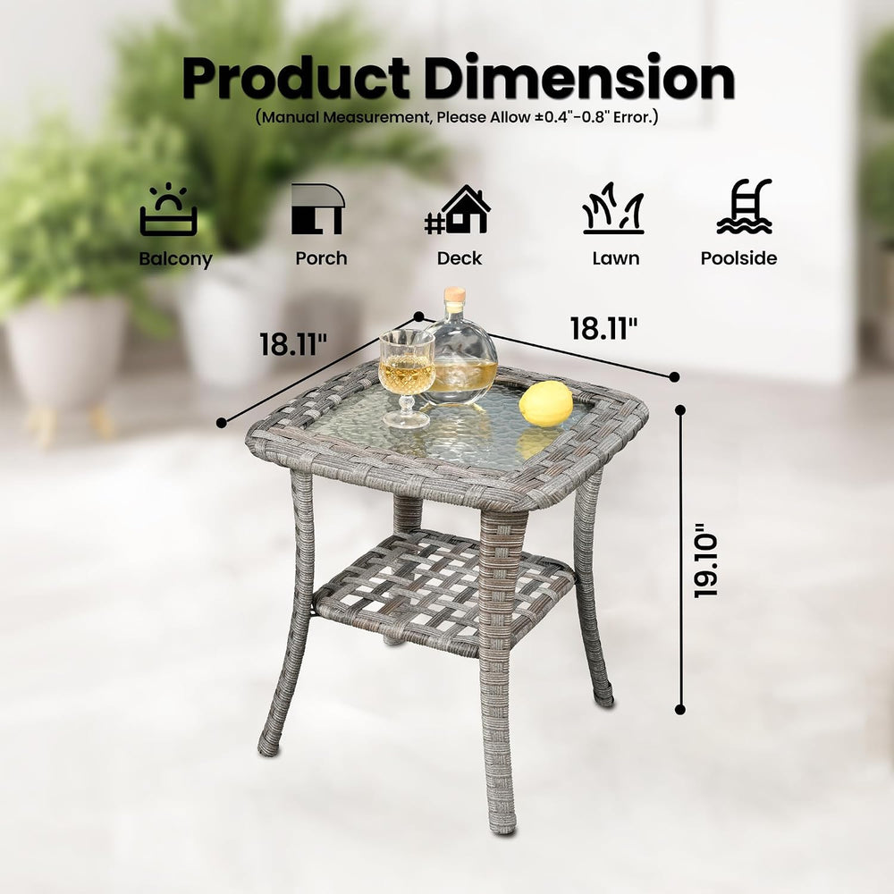 ovios Outdoor Side Table with Tempered Glass Top, Patio Wicker Rattan 2-Tier ...