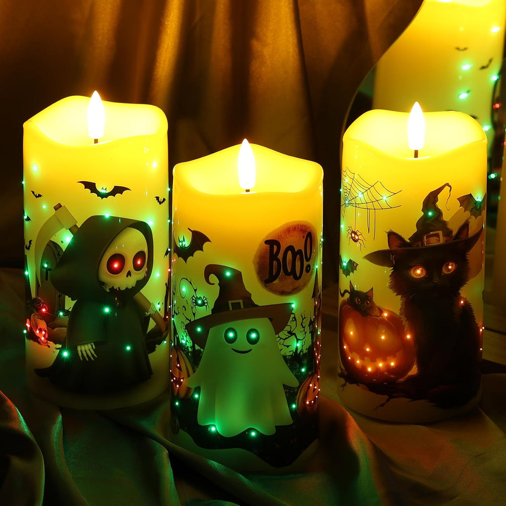 Eywamage Fiber Optic Halloween Flameless Pillar Candles with Remote 3 Pack
