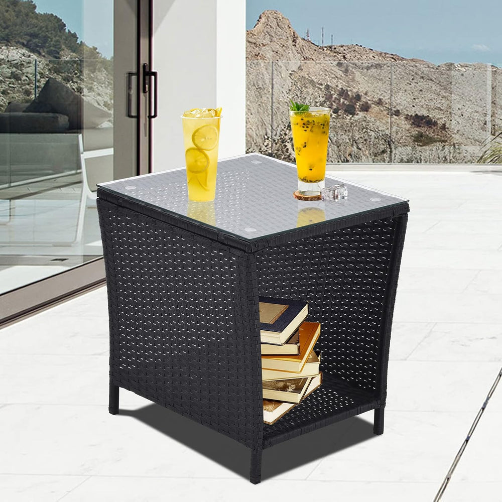 Patio Wicker Storage Side Table,Outdoor PE Rattan Woven Coffee End Table with...