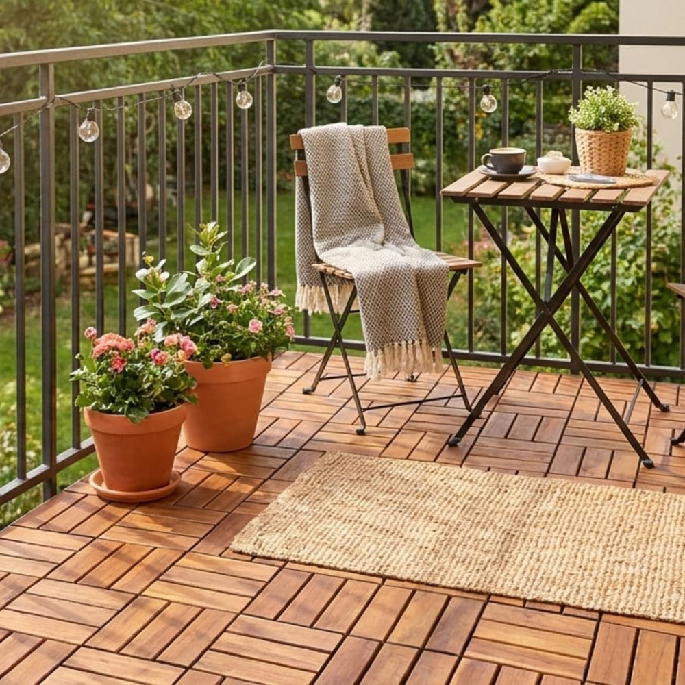 Set of 9 Deck Tiles for Balcony, Poolside, Outdoor Area - Solid Acacia Waterp...
