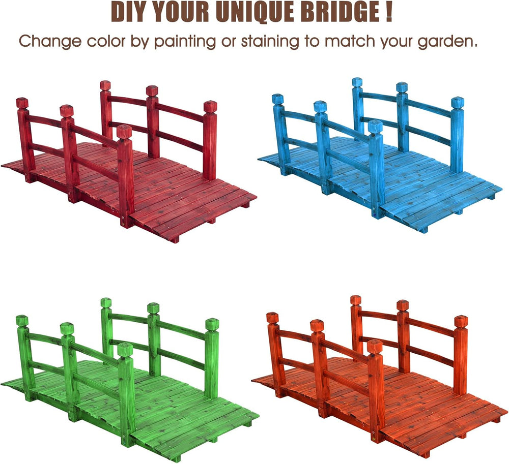 Giantex 5 FT Wooden Garden Bridge, Stained Wood Arc Footbridge with Railings,...