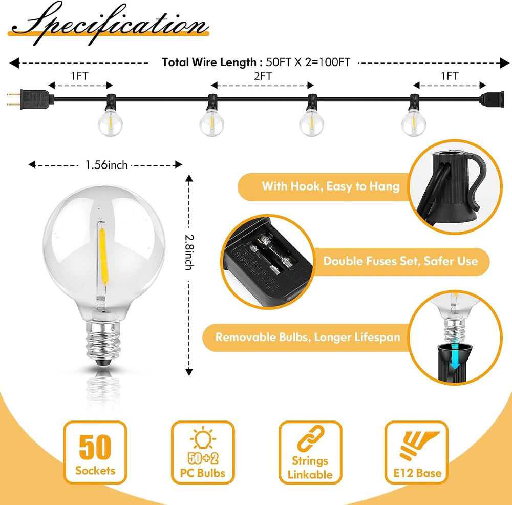 100FT LED Outdoor String Lights Patio Light with 52 Shatterproof G40 Dimmable...