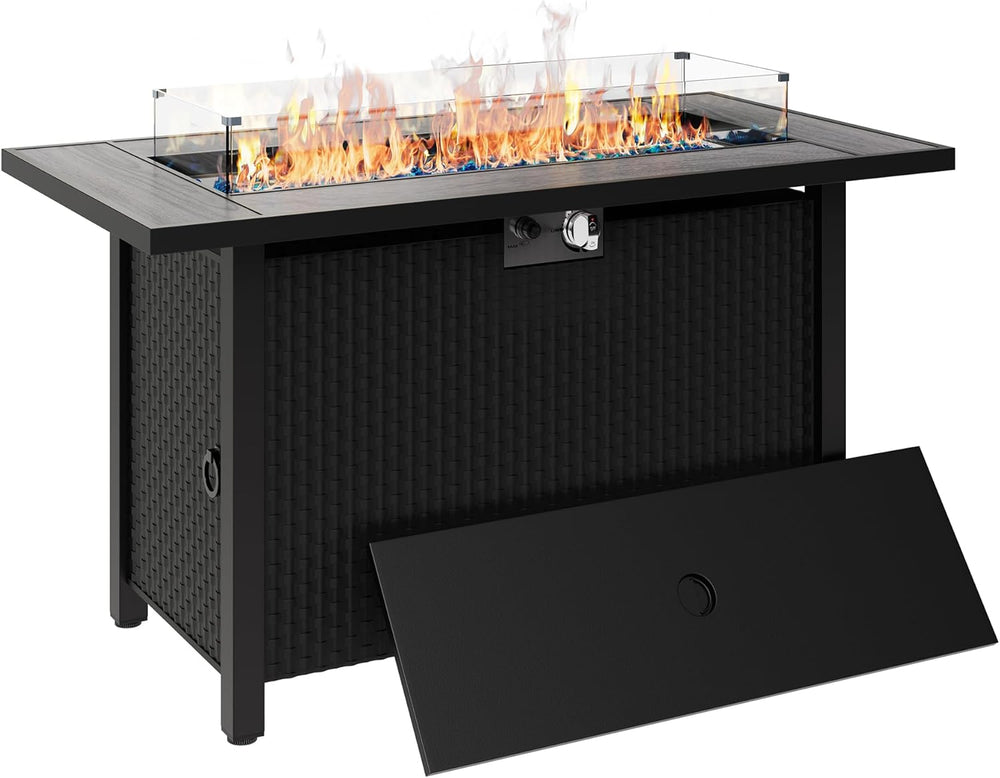 45 inch Outdoor Propane Fire Pit 50,000 BTU Gas Fire Pit Table with Lid, Glas...