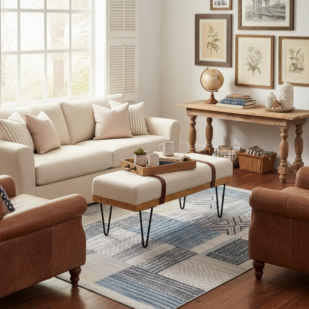 DUOMAY Industrial Modern Linen Rectangle Ottoman Bench, Beige
