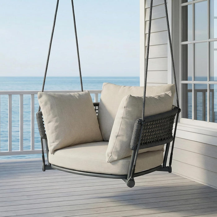 Swing Chair Outdoor, Single Hanging Porch Swing, Ceiling Hanging Chair for Bedroom, 106" Adjustable Rope Swinging Chair Indoor, Heavy Duty 400lbs Patio Outdoor Swings for Deck/Balcony, Beige