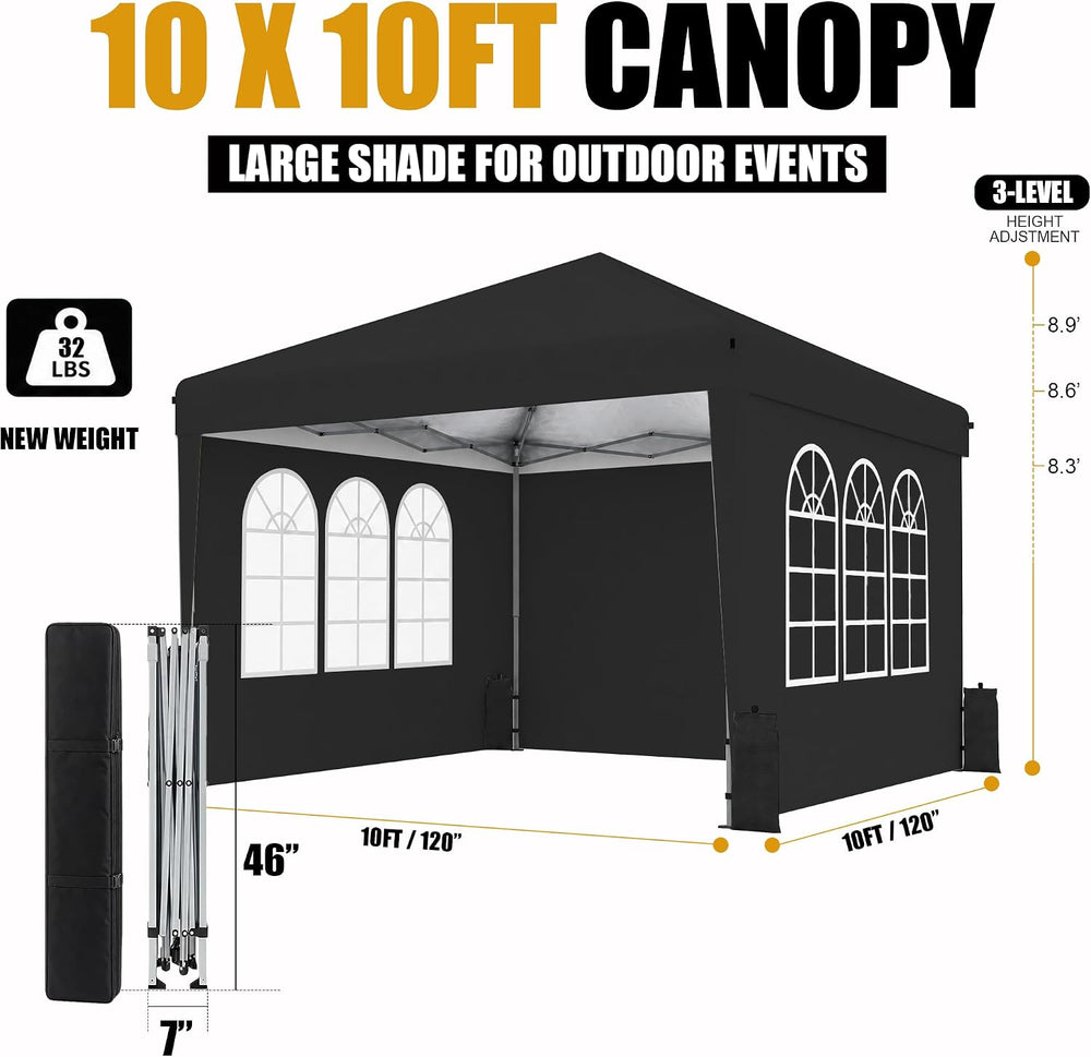 10x10 Pop Up Canopy Tent with Sidewall, Commercial, Black