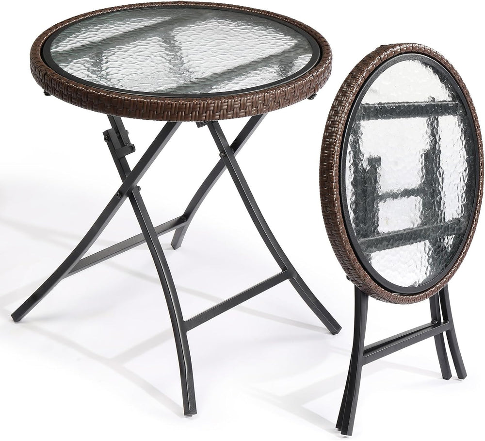 VINGLI 19in Modern Brown Rattan Folding Glass Outdoor Side Table, Small Patio...