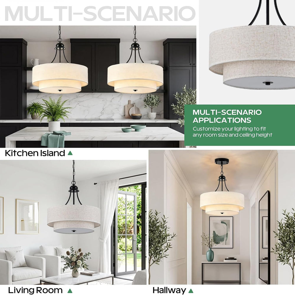 VESPERIX 18" Linen Drum Chandelier, 4-Light Modern Farmhouse Ceiling Lig...