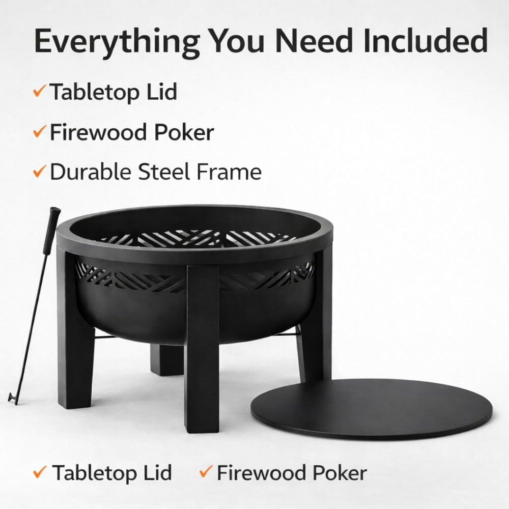 Fire Horse Wood Burning Fire Pit with Tabletop Lid, 26 Inch Outdoor Fire Pit ...
