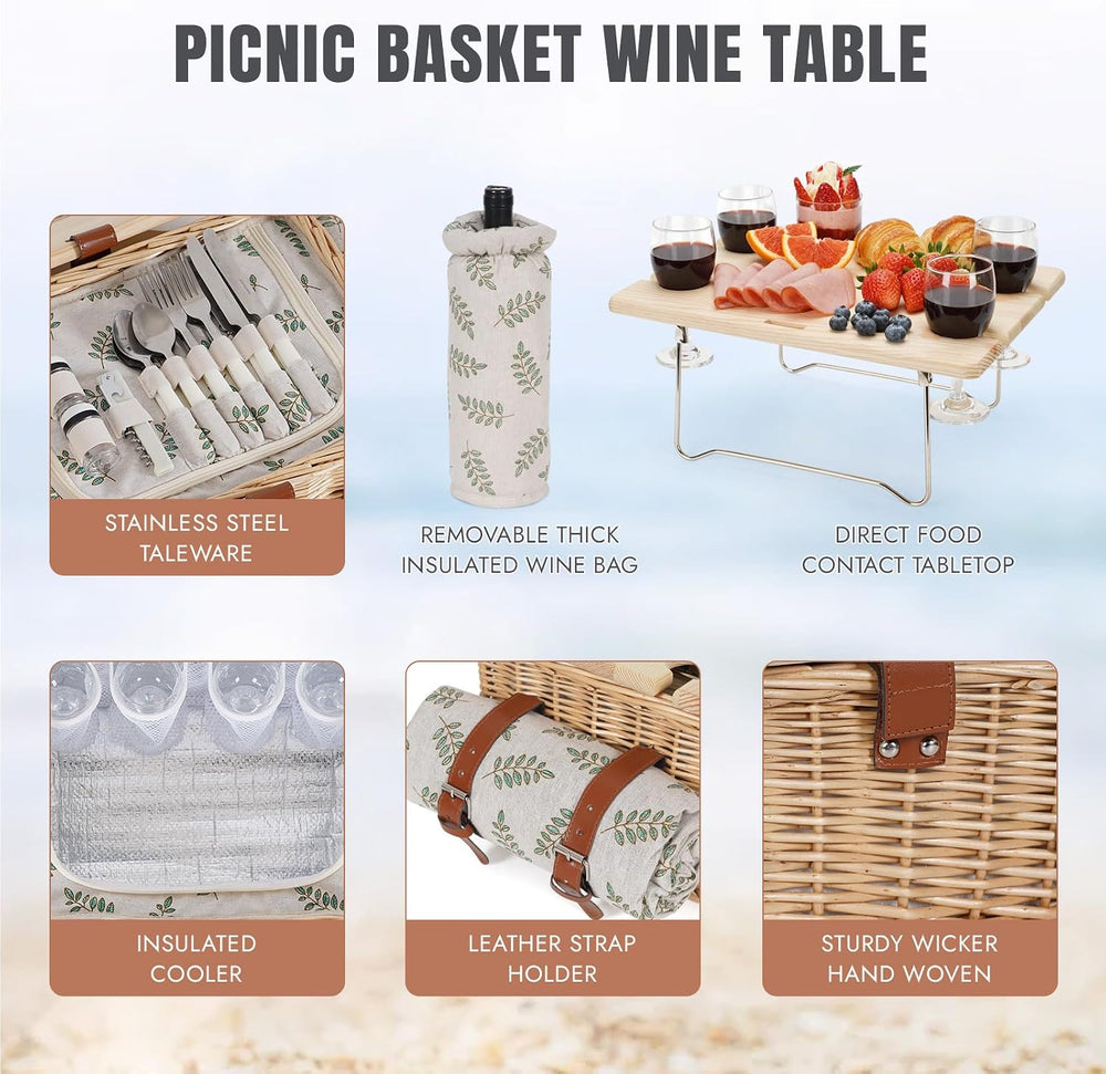 HappyPicnic Picnic Basket for 4, Handmade Wicker Picnic Set with Folding Tabl...