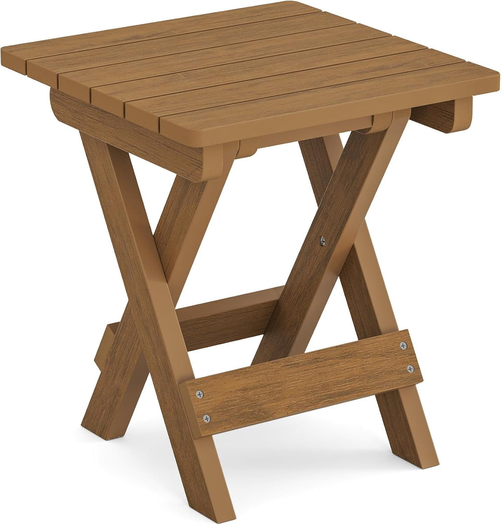 LUE BONA Small Outdoor Folding Side Table, 14 Inch, Teak Color Oil Printed