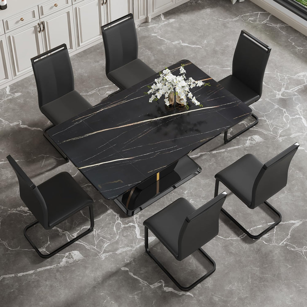 JUFU Modern Dining Table Set for 6,Rectangula Kitchen Table Set with Faux Mar...