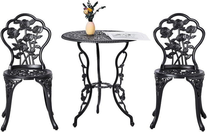 VINGLI 3 PCS Outdoor Bistro Set, Outdoor Patio Set, All-Weather Cast Aluminum Bistro Table Set, Bistro Table and Chairs Set of 2 for Backyard, Garden, Balcony (Black, Rose)