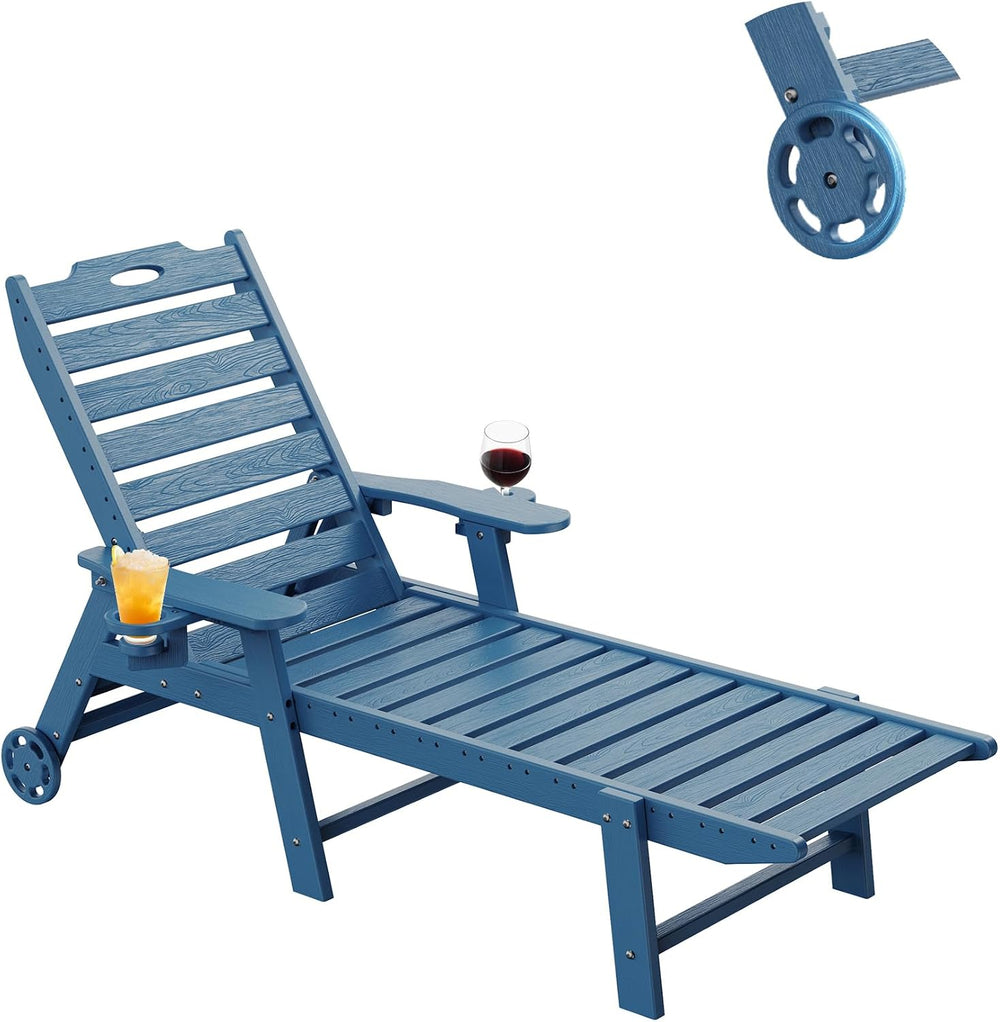 Carauci Lounge Chair Outdoor, HDPE Chaise Lounge with Wheels, 5-Position Adju...