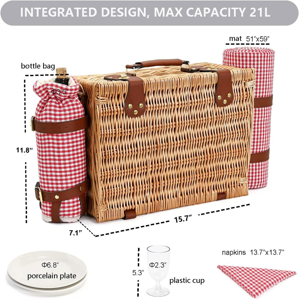Picnic Basket with Blanket and Wine Pouch for 2, Wicker Picnic Set with Insul...