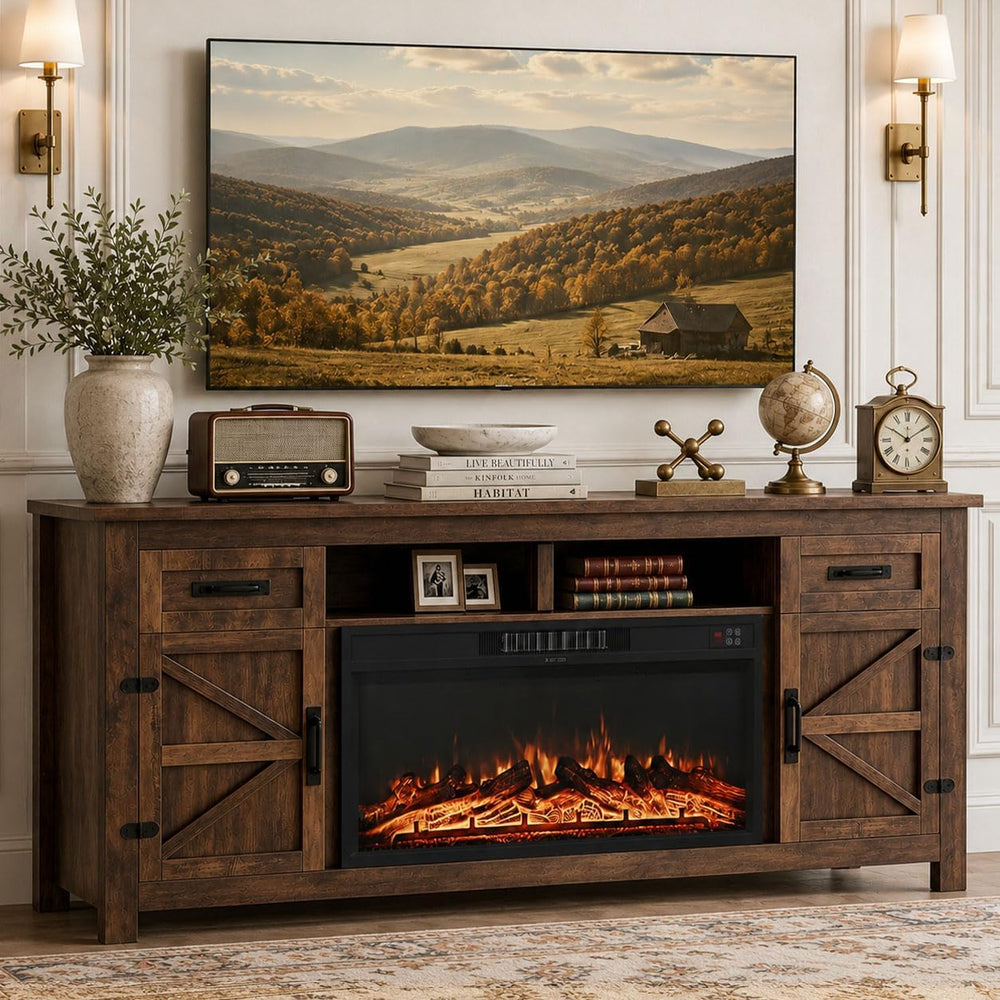 Fireplace TV Stand with Barn Door, 80 inch, Brown