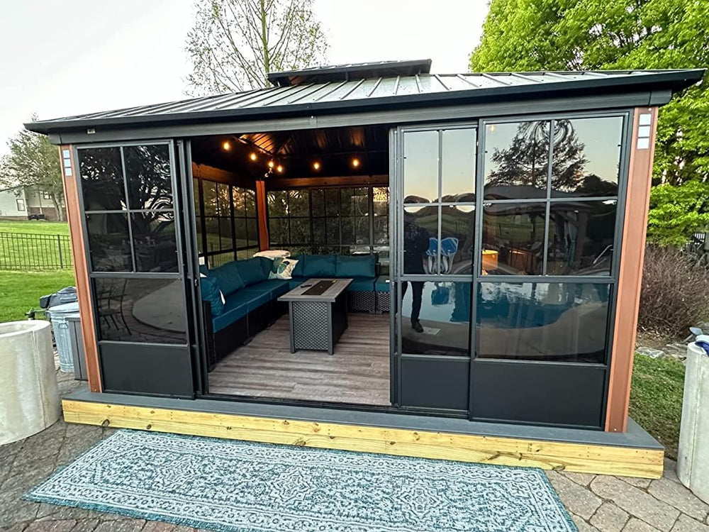 PURPLE LEAF Sunroom 12' x 14' Solarium Double Roof Gazebo, Sliding Doors