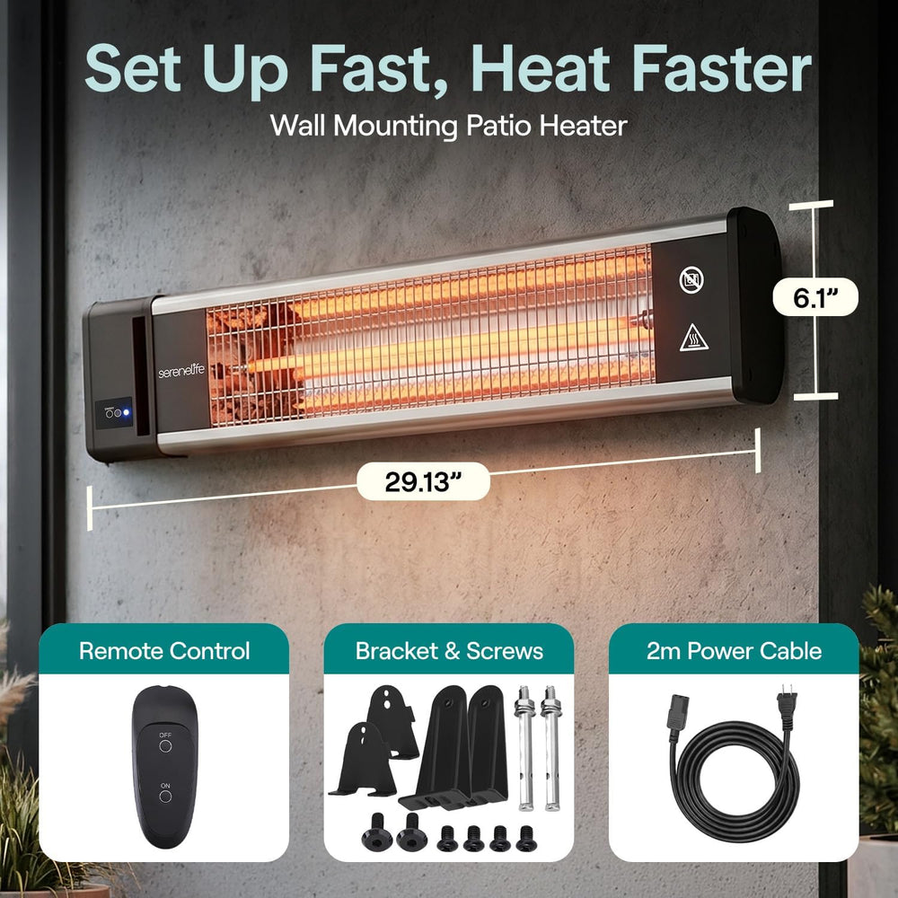 SereneLife Infrared Patio Heater, 1500W, IP65 Approved, Odorless, Wall-Mounte...