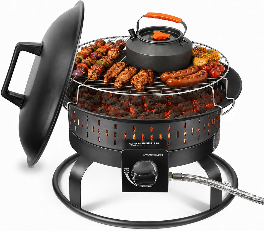GasBRUH 19″ Outdoor Portable Propane Fire Pit with Grill Grate, Cover&Car...