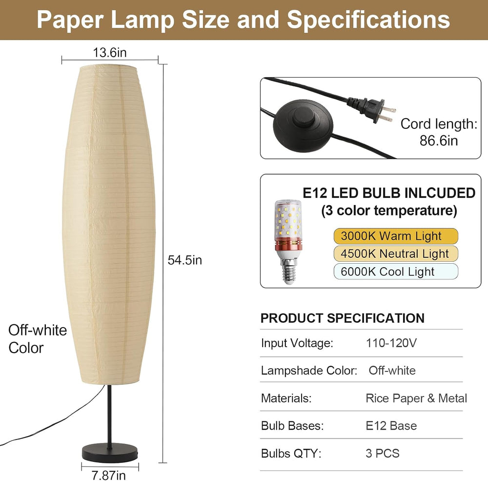 Off-White Paper Lamp Paper Floor Lamp, 3-Lights Bulbs Included