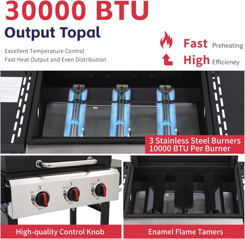 3-Burner Propane Gas Grill with Cast Iron Grate, 30,000 BTU Output & 252 ...