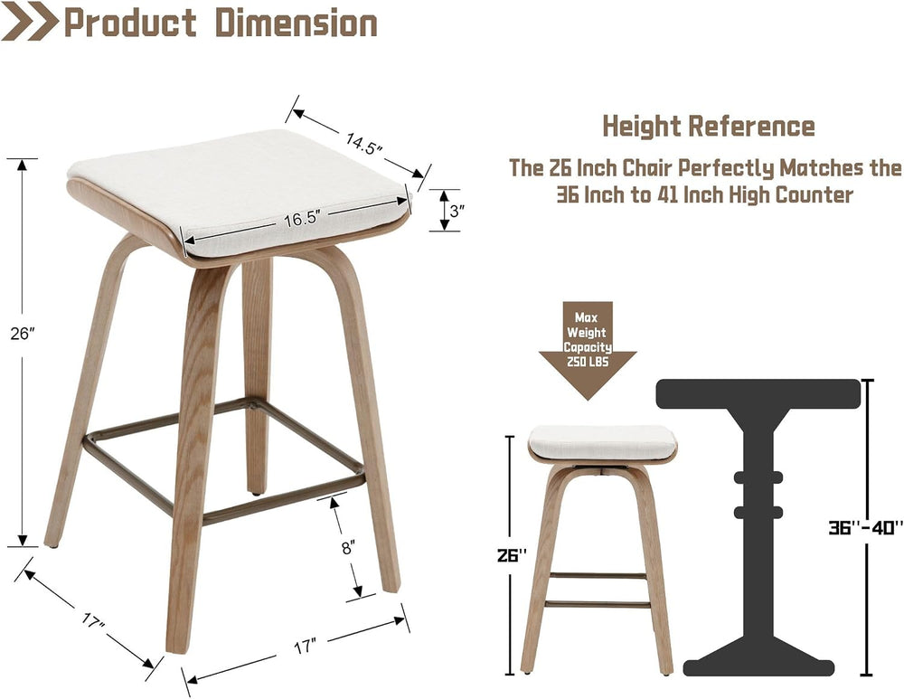 HNY 26" Swivel Bar Stools Set of 2, Backless Counter Height Bar Stools w...