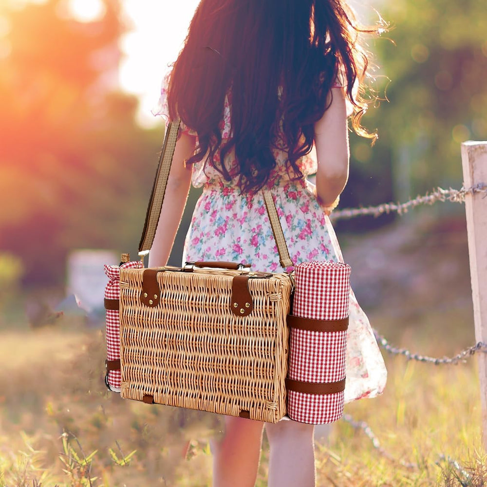 Picnic Basket with Blanket and Wine Pouch for 2, Wicker Picnic Set with Insul...